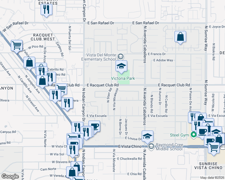 map of restaurants, bars, coffee shops, grocery stores, and more near 595 East Racquet Club Road in Palm Springs
