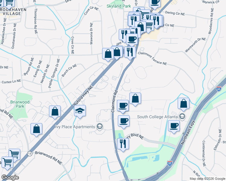 map of restaurants, bars, coffee shops, grocery stores, and more near 3180 Clairmont Road in Atlanta