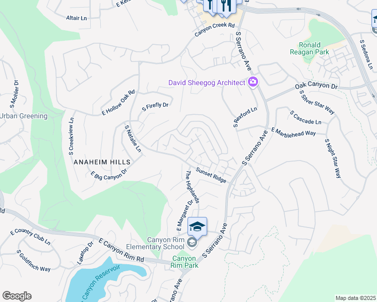 map of restaurants, bars, coffee shops, grocery stores, and more near 1043 South Saint Tropez Avenue in Anaheim