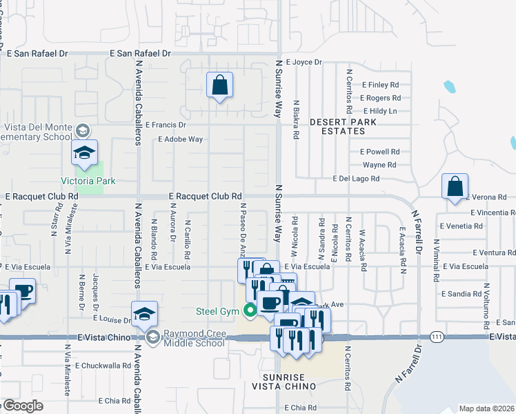 map of restaurants, bars, coffee shops, grocery stores, and more near 1598 Amelia Way in Palm Springs