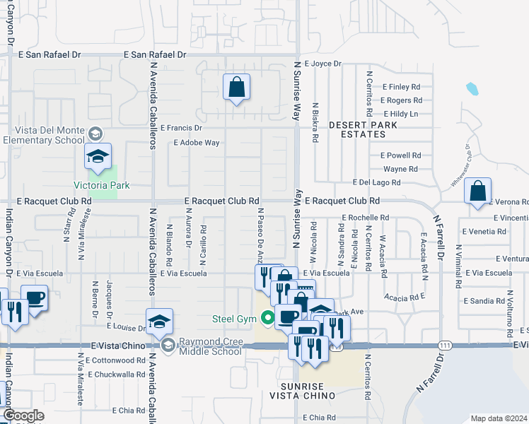map of restaurants, bars, coffee shops, grocery stores, and more near 1502 Amelia Way in Palm Springs