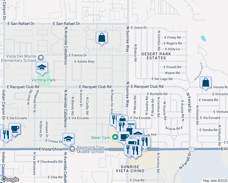 map of restaurants, bars, coffee shops, grocery stores, and more near 1502 Amelia Way in Palm Springs