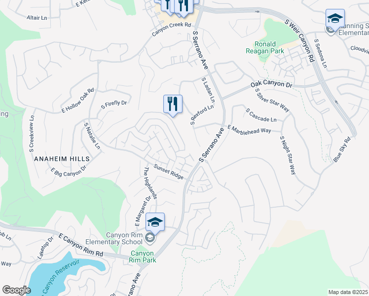 map of restaurants, bars, coffee shops, grocery stores, and more near 7977 East Viewrim Drive in Anaheim