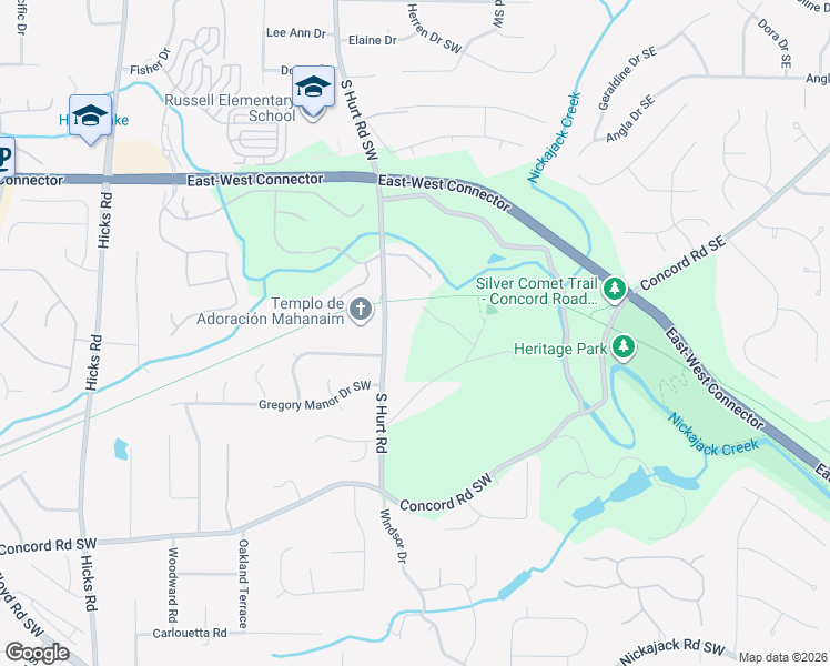 map of restaurants, bars, coffee shops, grocery stores, and more near 4074 South Hurt Road Southwest in Smyrna