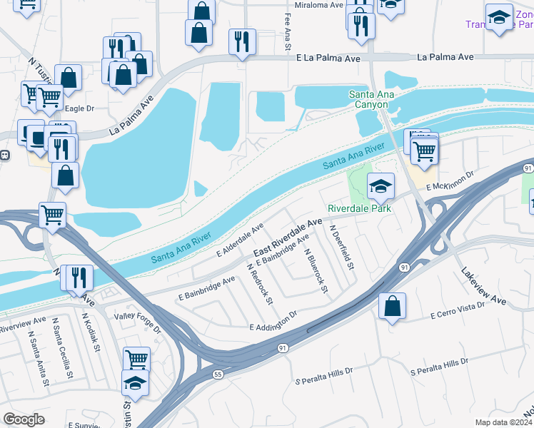 map of restaurants, bars, coffee shops, grocery stores, and more near 4353 East Alderdale Avenue in Anaheim