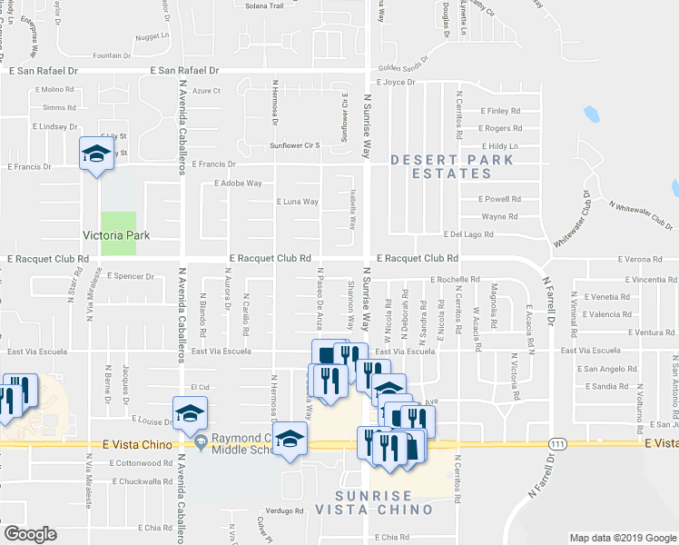 map of restaurants, bars, coffee shops, grocery stores, and more near 1598 Amelia Way in Palm Springs