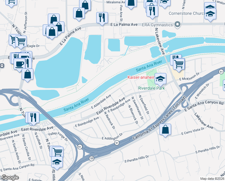 map of restaurants, bars, coffee shops, grocery stores, and more near 4353 East Alderdale Avenue in Anaheim