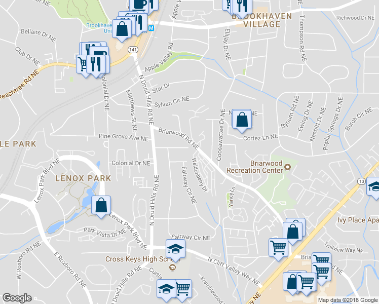 map of restaurants, bars, coffee shops, grocery stores, and more near 1295 Lindenwood Lane Northeast in Atlanta