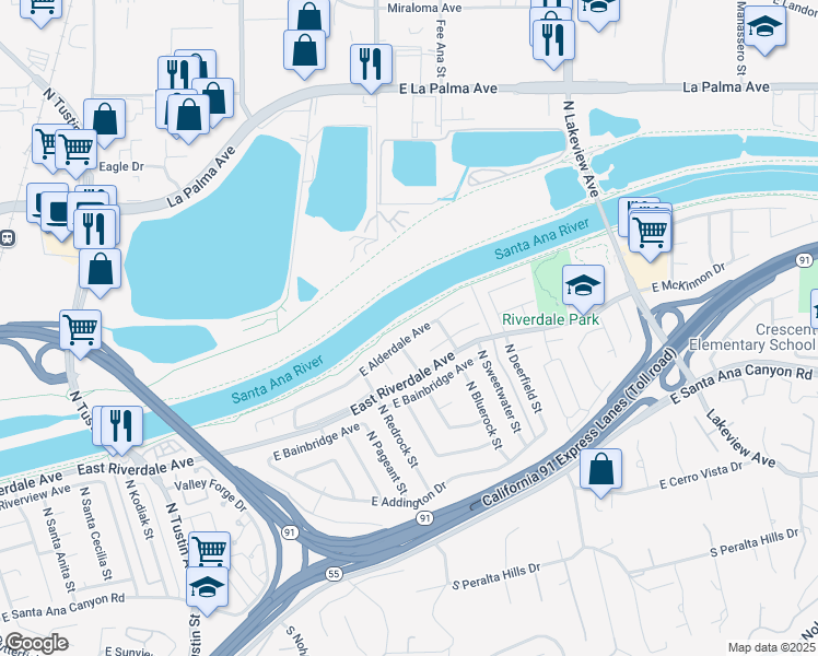 map of restaurants, bars, coffee shops, grocery stores, and more near 4353 East Alderdale Avenue in Anaheim