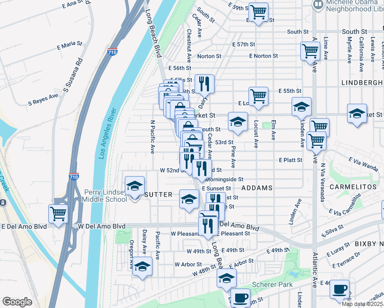map of restaurants, bars, coffee shops, grocery stores, and more near 5282 Long Beach Boulevard in Long Beach