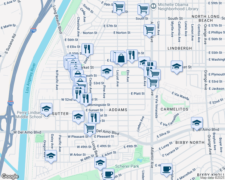 map of restaurants, bars, coffee shops, grocery stores, and more near 254 East Mountain View Street in Long Beach