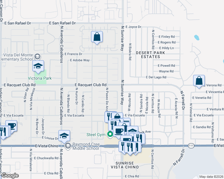 map of restaurants, bars, coffee shops, grocery stores, and more near 1639 East Racquet Club Road in Palm Springs