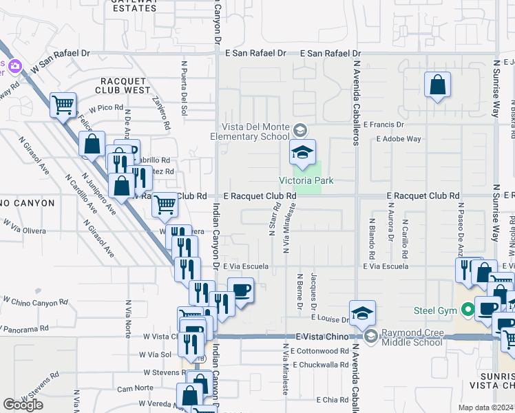 map of restaurants, bars, coffee shops, grocery stores, and more near 444 East Glen Circle North in Palm Springs