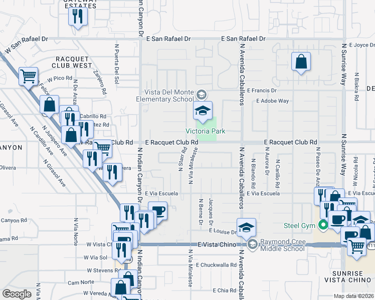 map of restaurants, bars, coffee shops, grocery stores, and more near 595 East Racquet Club Road in Palm Springs