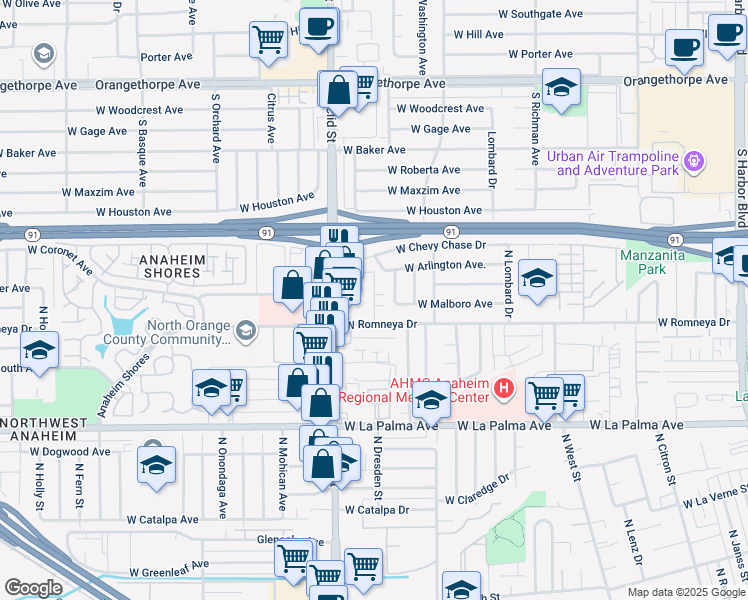 map of restaurants, bars, coffee shops, grocery stores, and more near 1237 North Dresden Place in Anaheim
