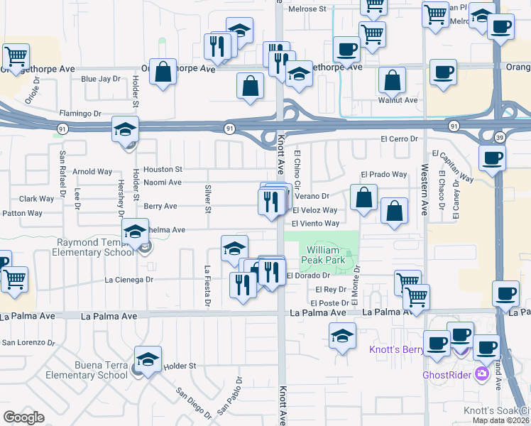 map of restaurants, bars, coffee shops, grocery stores, and more near 6926 Berry Avenue in Buena Park