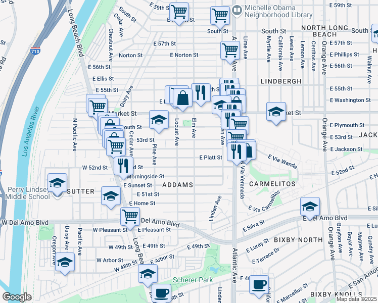 map of restaurants, bars, coffee shops, grocery stores, and more near 311 East Mountain View Street in Long Beach