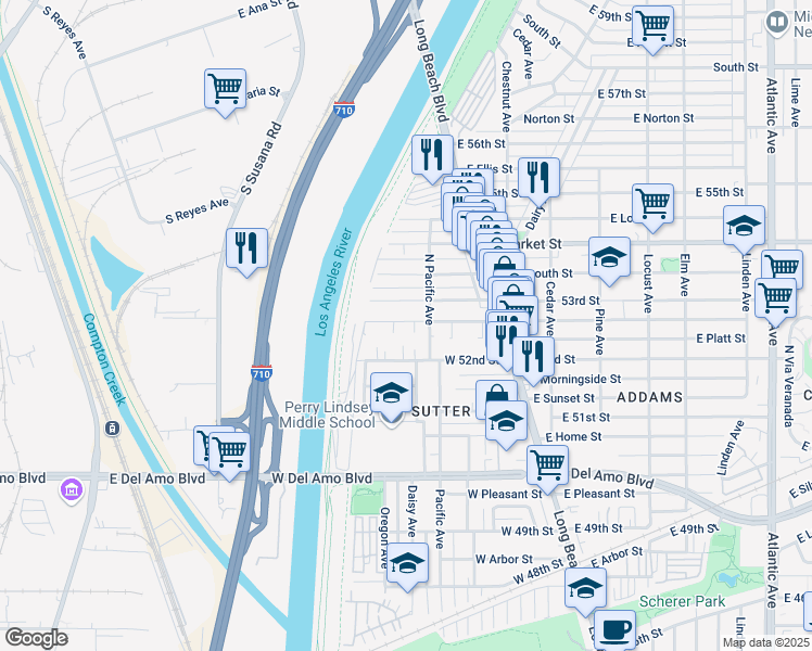 map of restaurants, bars, coffee shops, grocery stores, and more near 135 West Mountain View Street in Long Beach