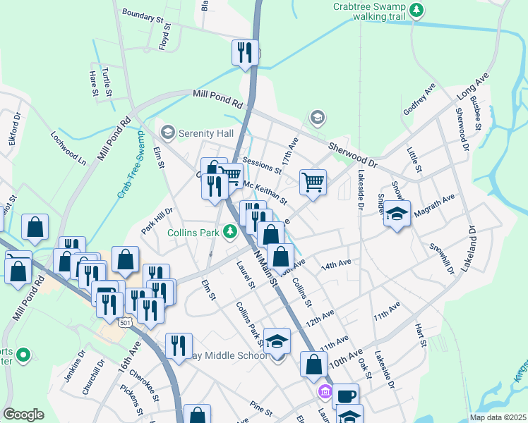 map of restaurants, bars, coffee shops, grocery stores, and more near 804 17th Avenue in Conway
