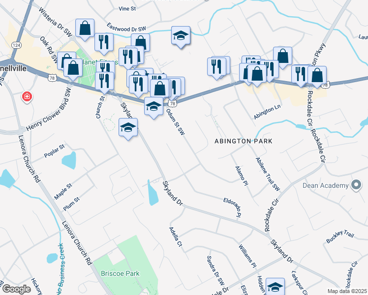 map of restaurants, bars, coffee shops, grocery stores, and more near 2659 Odum Street Southwest in Snellville