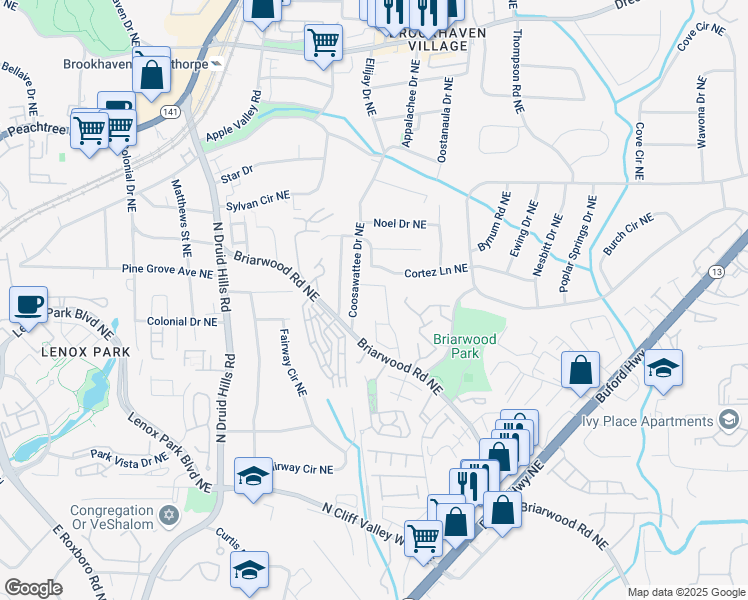 map of restaurants, bars, coffee shops, grocery stores, and more near 2312 Wayside Drive in Atlanta