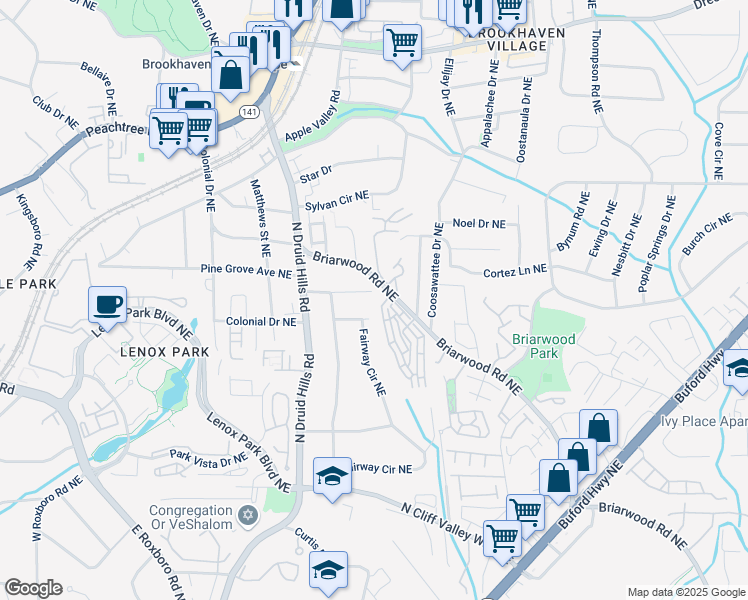 map of restaurants, bars, coffee shops, grocery stores, and more near 1295 Lindenwood Lane Northeast in Atlanta