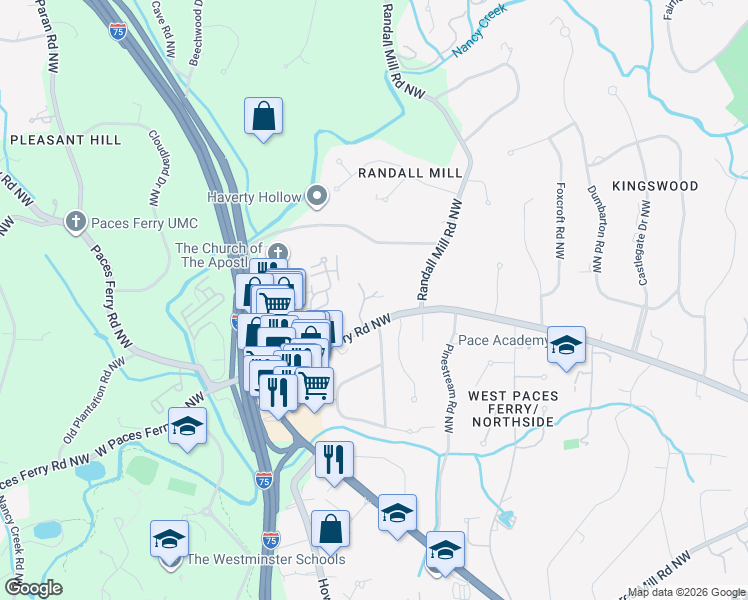 map of restaurants, bars, coffee shops, grocery stores, and more near 3240 West Paces Park Court Northwest in Atlanta