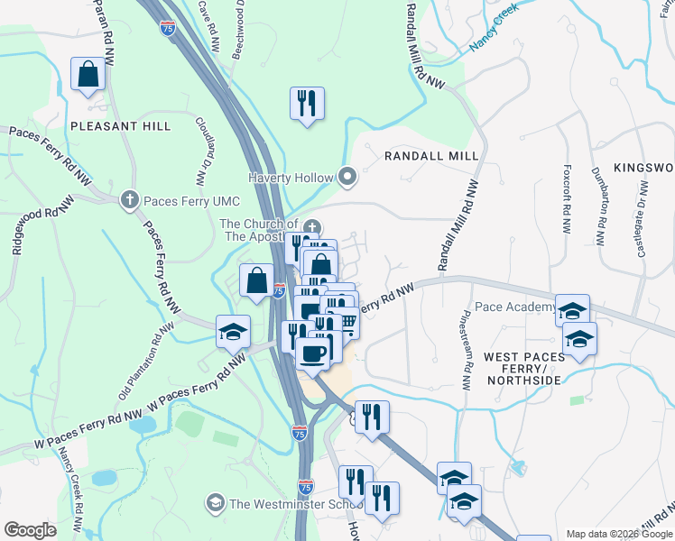 map of restaurants, bars, coffee shops, grocery stores, and more near 21 Paces West Drive Northwest in Atlanta