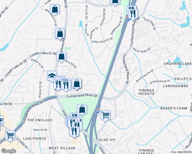 map of restaurants, bars, coffee shops, grocery stores, and more near 4127 Oberon Drive Southeast in Smyrna