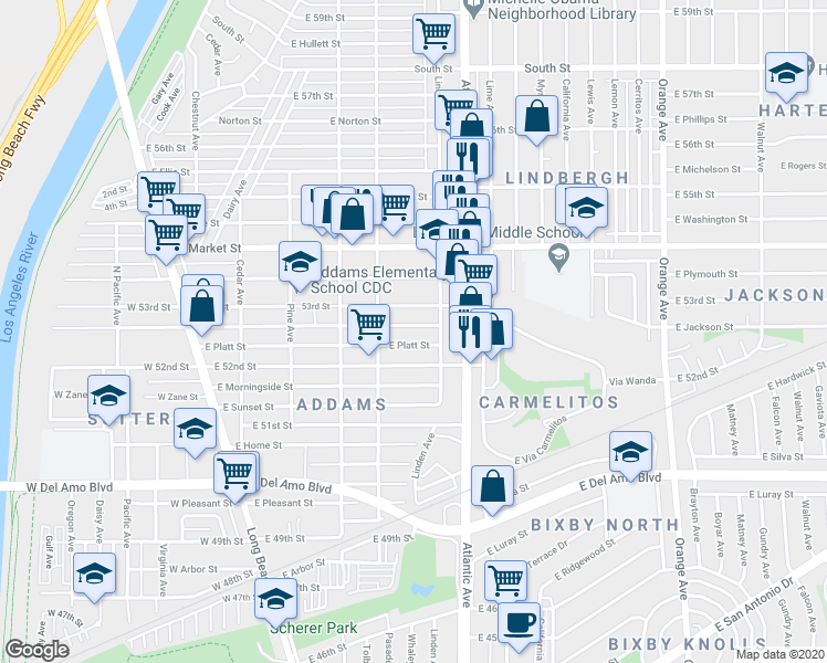 map of restaurants, bars, coffee shops, grocery stores, and more near 460 East Mountain View Street in Long Beach