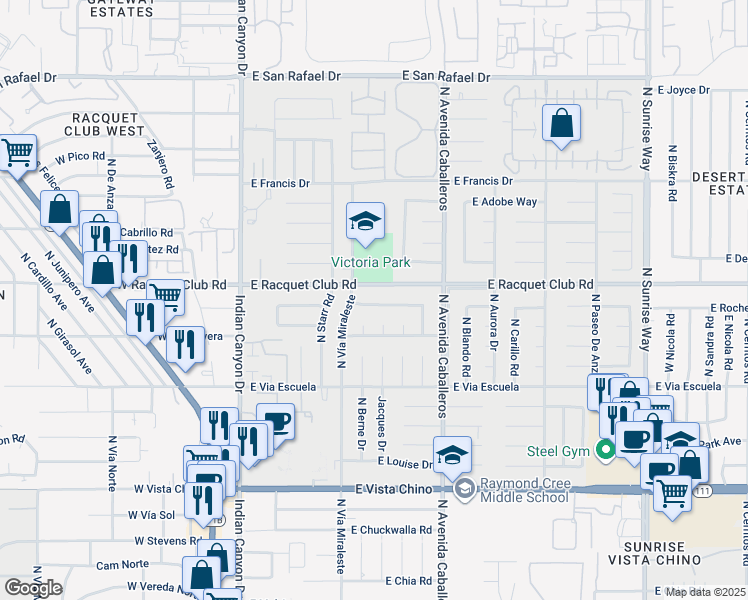 map of restaurants, bars, coffee shops, grocery stores, and more near 688 East Spencer Drive in Palm Springs