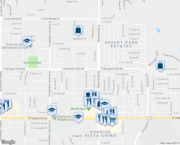 map of restaurants, bars, coffee shops, grocery stores, and more near 1574 Amelia Way in Palm Springs