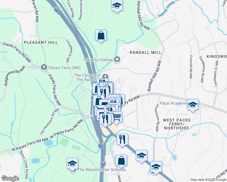 map of restaurants, bars, coffee shops, grocery stores, and more near 21 Paces West Drive Northwest in Atlanta