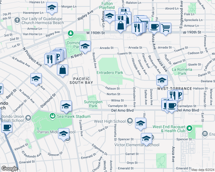 map of restaurants, bars, coffee shops, grocery stores, and more near 5521 Halison Street in Torrance