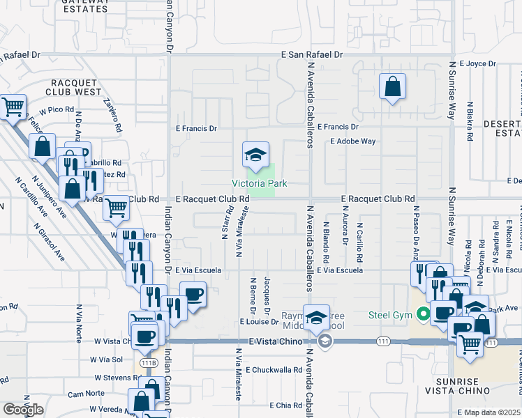 map of restaurants, bars, coffee shops, grocery stores, and more near 688 East Spencer Drive in Palm Springs