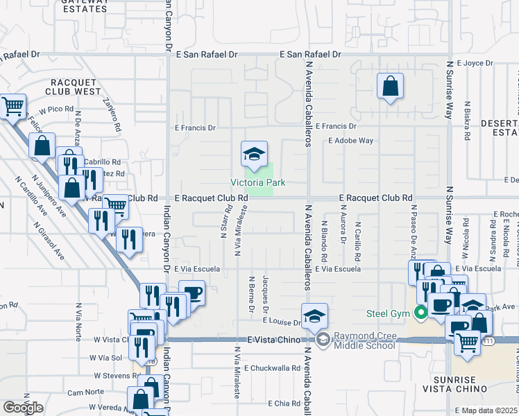 map of restaurants, bars, coffee shops, grocery stores, and more near 703 East Racquet Club Road in Palm Springs