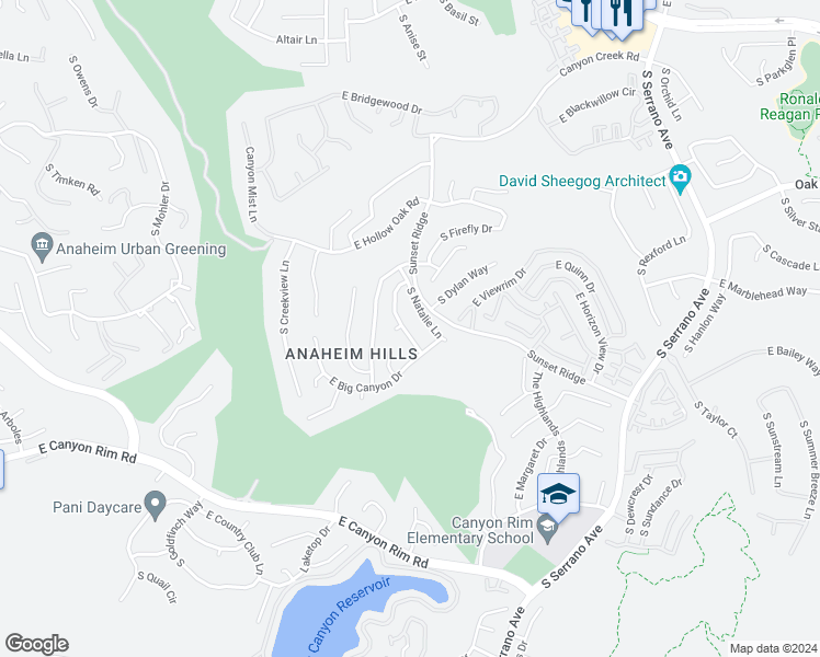 map of restaurants, bars, coffee shops, grocery stores, and more near 1002 South Brianna Way in Anaheim