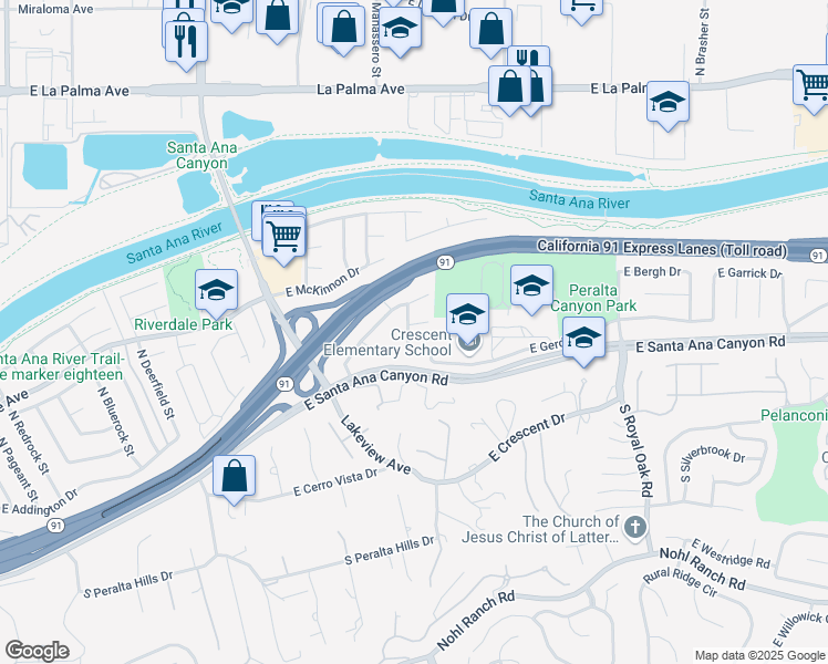 map of restaurants, bars, coffee shops, grocery stores, and more near 4910 Florence Circle in Anaheim
