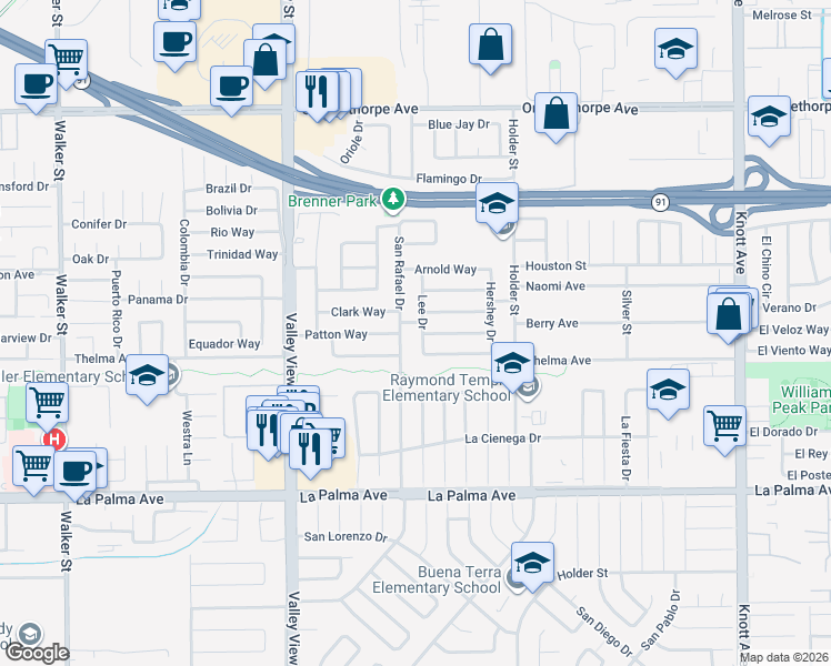 map of restaurants, bars, coffee shops, grocery stores, and more near 7641 Lee Drive in Buena Park