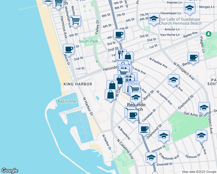 map of restaurants, bars, coffee shops, grocery stores, and more near 750 North Francisca Avenue in Redondo Beach