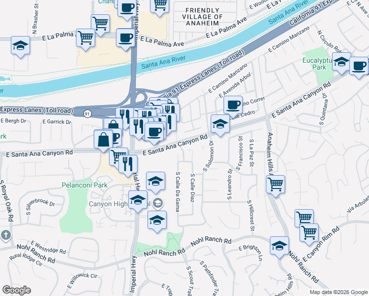 map of restaurants, bars, coffee shops, grocery stores, and more near 5806 East Pso Magellan in Anaheim