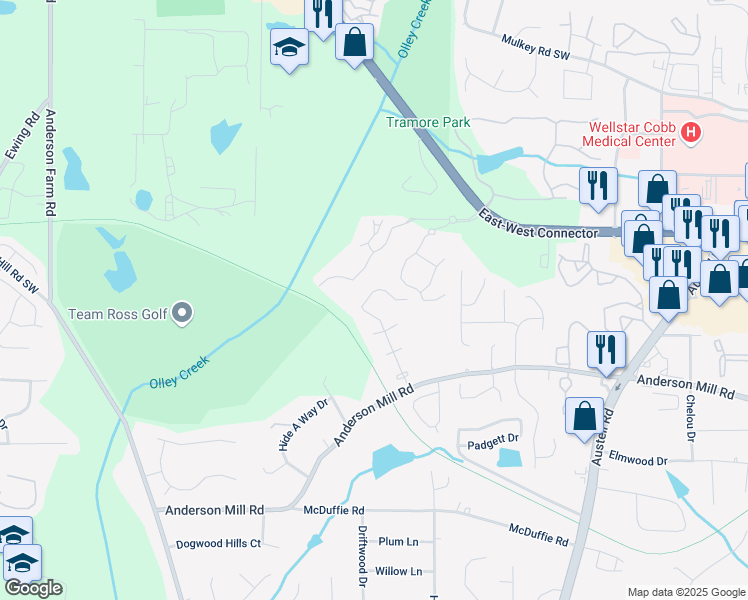 map of restaurants, bars, coffee shops, grocery stores, and more near 4246 Tenneyson Lane in Austell
