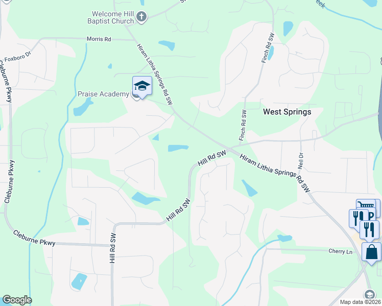 map of restaurants, bars, coffee shops, grocery stores, and more near 4154 Hiram Lithia Springs Road Southwest in Powder Springs