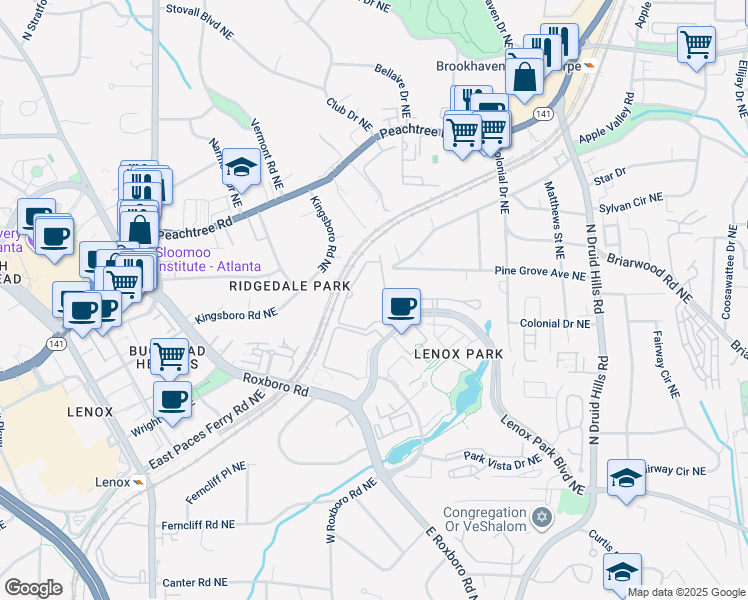 map of restaurants, bars, coffee shops, grocery stores, and more near 1050 Lenox Park Boulevard Northeast in Atlanta