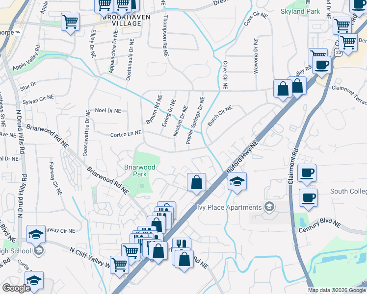 map of restaurants, bars, coffee shops, grocery stores, and more near 2297 Nesbitt Drive Northeast in Atlanta