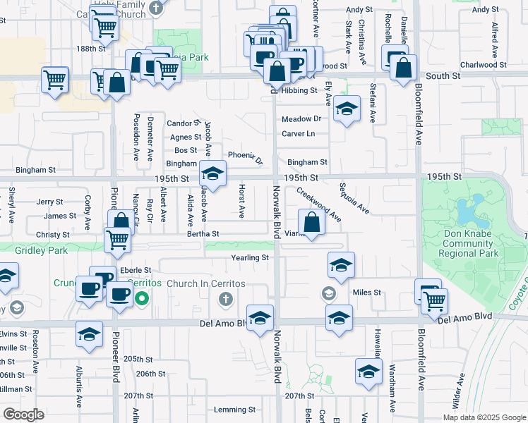 map of restaurants, bars, coffee shops, grocery stores, and more near 19631 Fagan Way in Cerritos