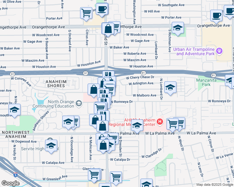 map of restaurants, bars, coffee shops, grocery stores, and more near 1225 North Dresden Place in Anaheim