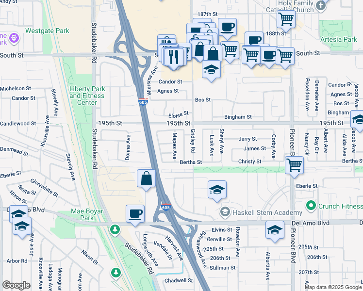 map of restaurants, bars, coffee shops, grocery stores, and more near 19628 Mapes Avenue in Cerritos