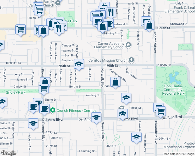 map of restaurants, bars, coffee shops, grocery stores, and more near 19631 Fagan Way in Cerritos