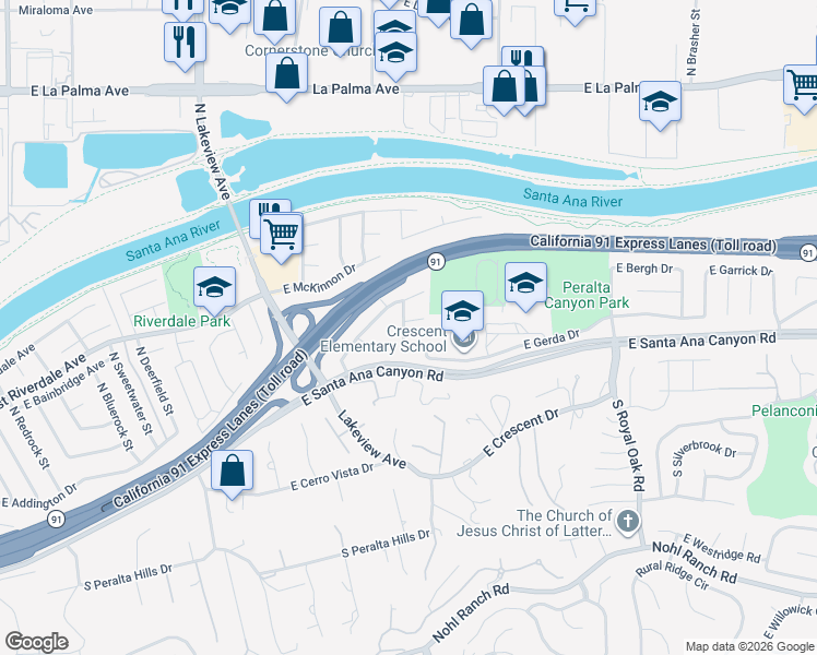 map of restaurants, bars, coffee shops, grocery stores, and more near 4910 Florence Circle in Anaheim